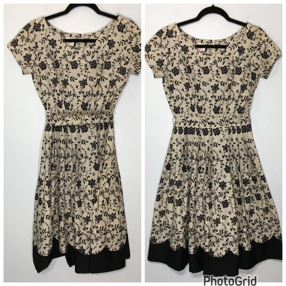 Vintage 50s Tan Floral Fit and Flare Party Dress Matching Belt Pleated Skirt VLV - Picture 4 of 16